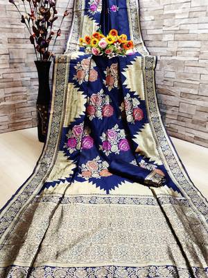 Navy blue woven banarasi saree with blouse 1