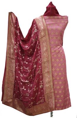 Plum Burgundy Soft Silk Zari Weave Unstitched Suit  1