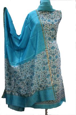 Light Blue Print Chanderi Silk Unstitched Suit 1