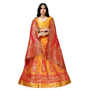 Yellow woven silk unstitched lehenga 1