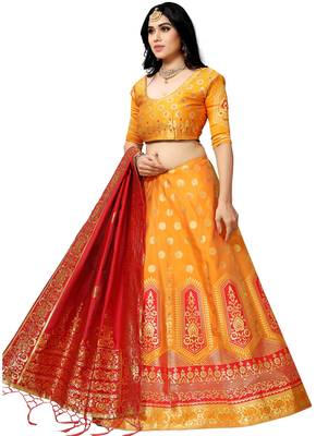 Yellow woven silk unstitched lehenga 2