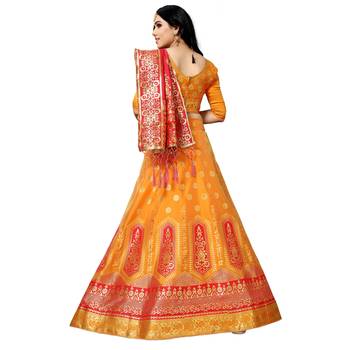 Yellow woven silk unstitched lehenga 3