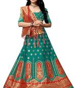 Dark-green woven silk unstitched lehenga