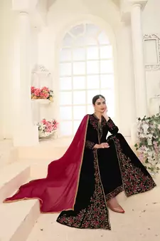 Black Embroidered Faux Georgette Islamic Style Salwar Suit Dupatta With Koti