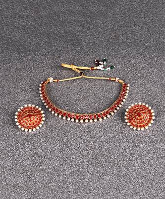 Gold Plated Stylish Red Stone Studded Choker Necklace Jewellery Set For Women 6