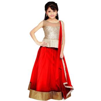Red plain net stitched lehenga 1