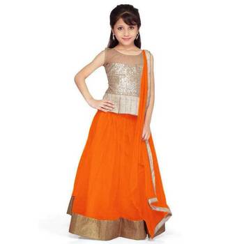 Orange plain net stitched lehenga 1