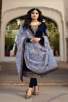NevyBlue embroidered satin georgette semi stitched salwar with dupatta 1