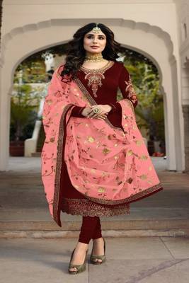Maroon embroidered satin georgette semi stitched salwar with dupatta 1