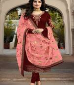 Maroon embroidered satin georgette semi stitched salwar with dupatta