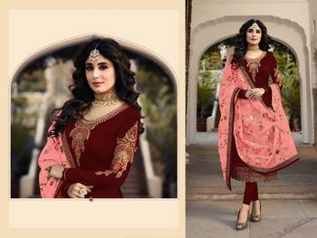 Maroon embroidered satin georgette semi stitched salwar with dupatta 2