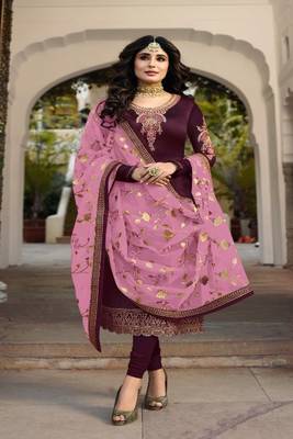 Wine embroidered satin georgette semi stitched salwar with dupatta 1