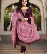 Wine embroidered satin georgette semi stitched salwar with dupatta