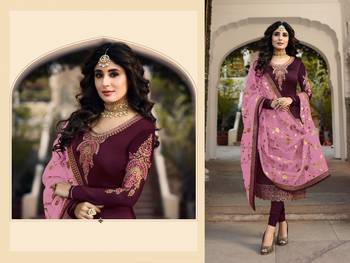 Wine embroidered satin georgette semi stitched salwar with dupatta 2