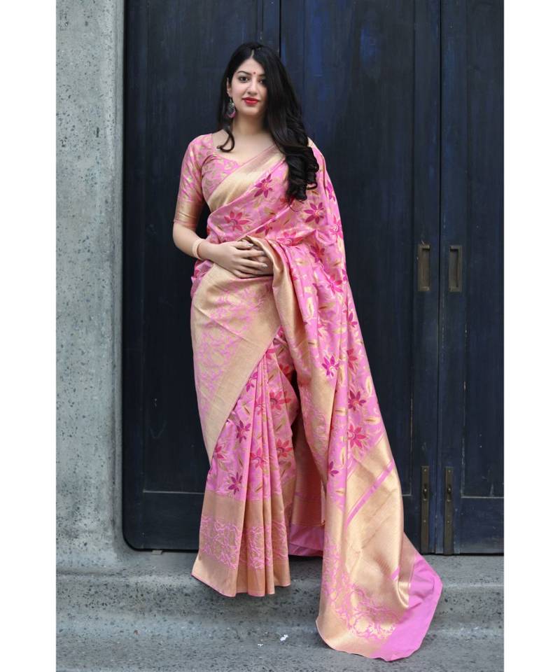 Pink Woven banarasi saree with blouse
