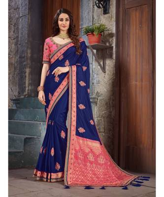 Blue Embroidered Art Silk saree with blouse 1
