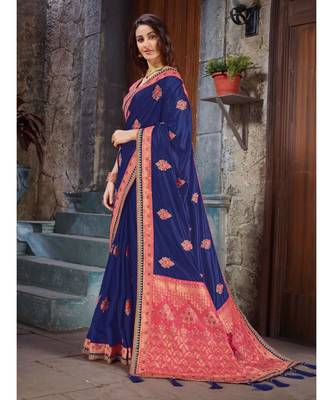 Blue Embroidered Art Silk saree with blouse 2