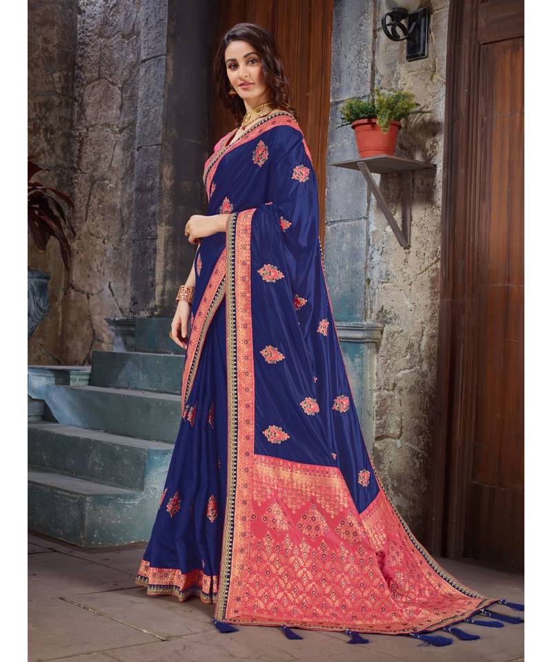 Blue Embroidered Art Silk saree with blouse