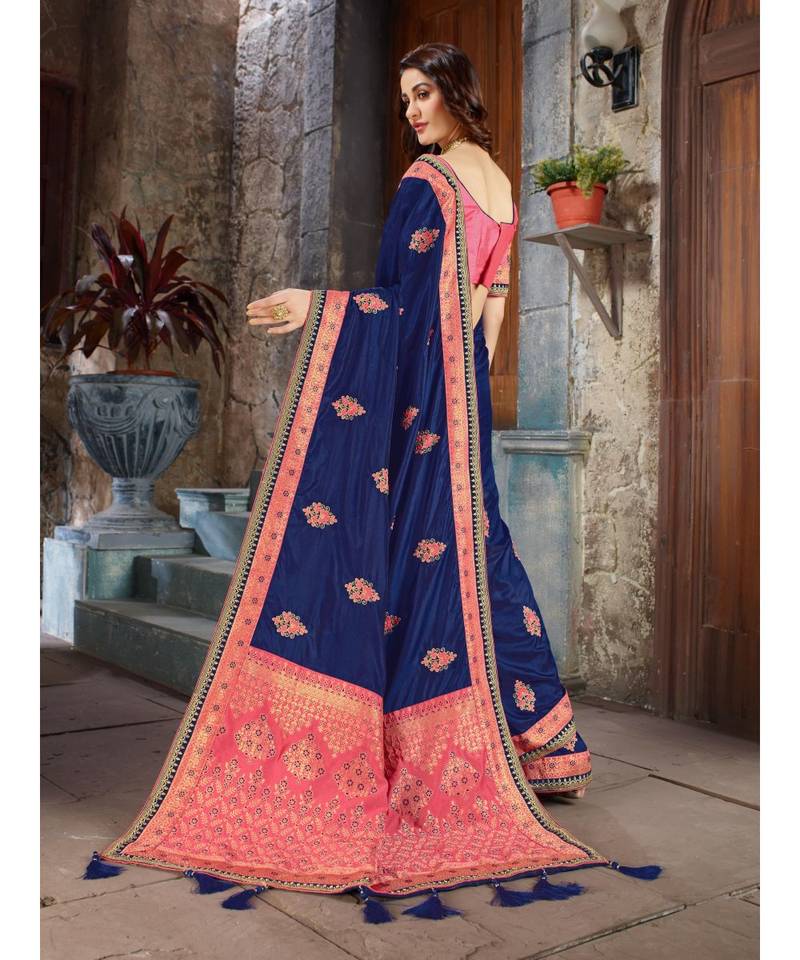 Blue Embroidered Art Silk saree with blouse