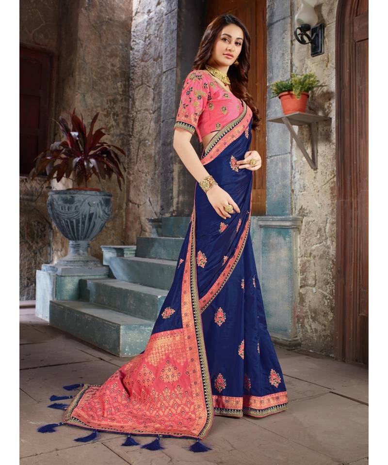 Blue Embroidered Art Silk saree with blouse