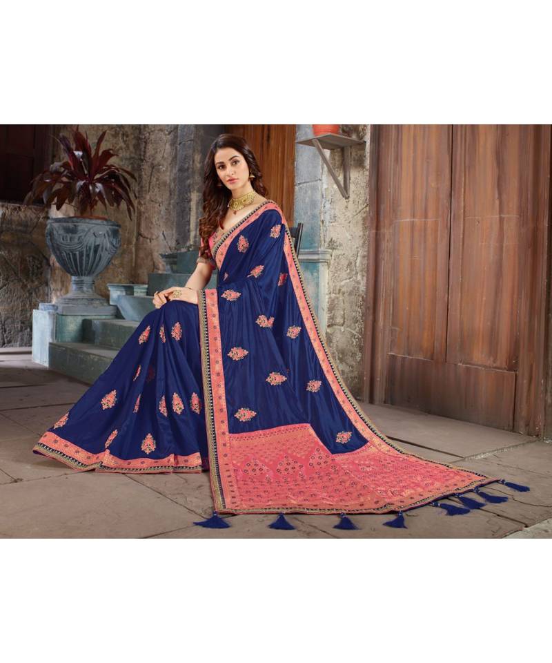 Blue Embroidered Art Silk saree with blouse