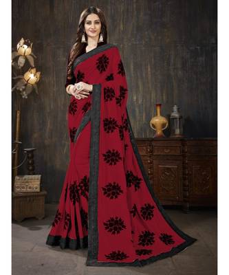 Red embroidered georgette saree with blouse 1