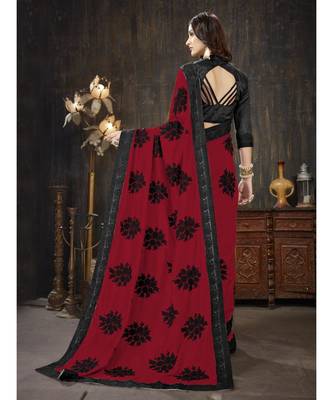 Red embroidered georgette saree with blouse 3
