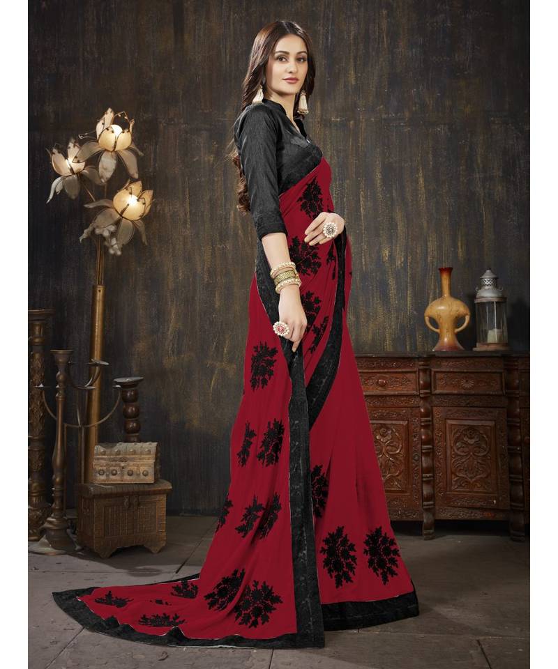 Red embroidered georgette saree with blouse