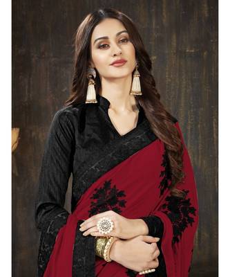 Red embroidered georgette saree with blouse 5