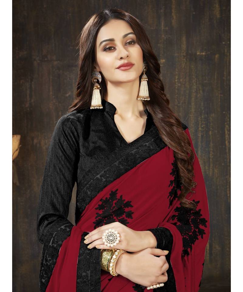 Red embroidered georgette saree with blouse