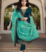Tourquis Green embroidered satin georgette semi stitched salwar with dupatta