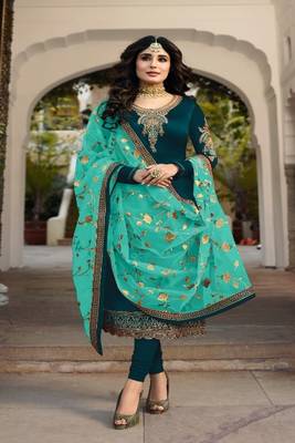 Tourquis Green embroidered satin georgette semi stitched salwar with dupatta 2