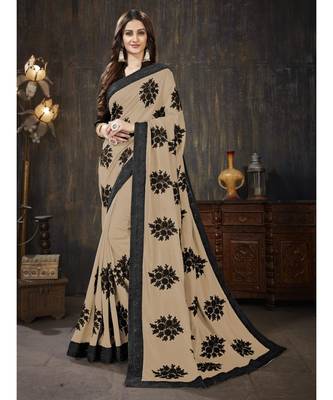 Beige embroidered georgette saree with blouse 1