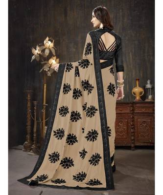 Beige embroidered georgette saree with blouse 3