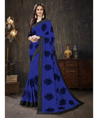 Blue embroidered georgette saree with blouse 1
