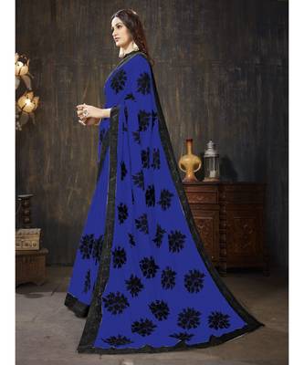 Blue embroidered georgette saree with blouse 2