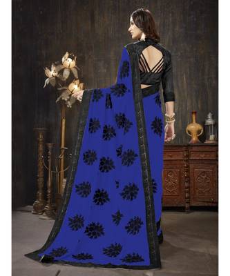 Blue embroidered georgette saree with blouse 3