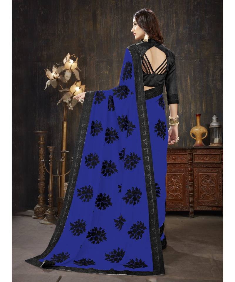 Blue embroidered georgette saree with blouse