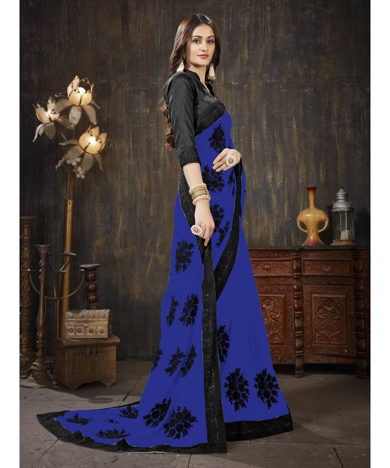 Blue embroidered georgette saree with blouse