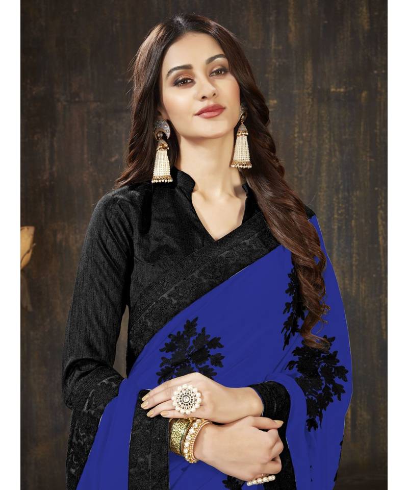 Blue embroidered georgette saree with blouse