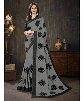 Grey embroidered georgette saree with blouse 1
