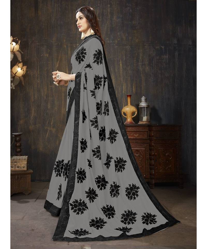 Grey embroidered georgette saree with blouse
