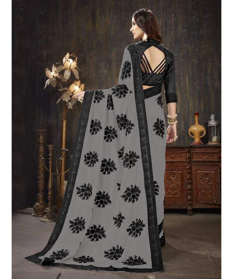 Grey embroidered georgette saree with blouse
