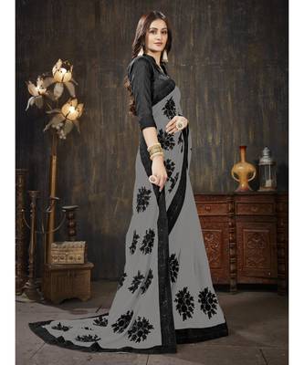Grey embroidered georgette saree with blouse 4