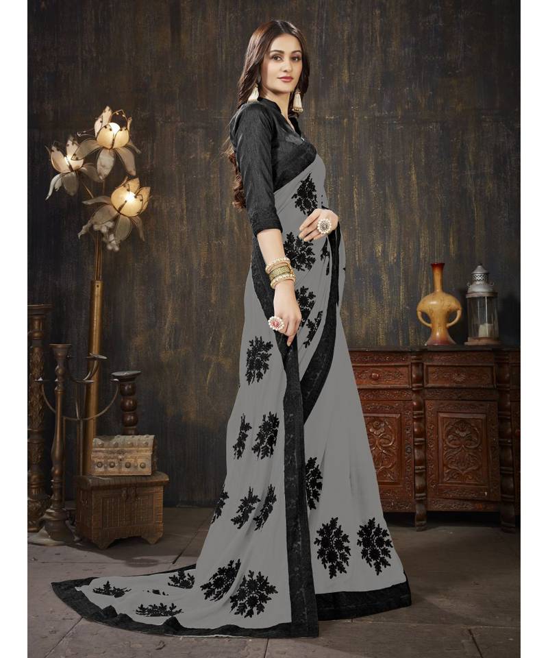 Grey embroidered georgette saree with blouse