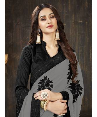 Grey embroidered georgette saree with blouse 5