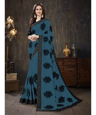 blue embroidered georgette saree with blouse 1