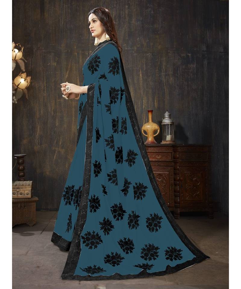 blue embroidered georgette saree with blouse