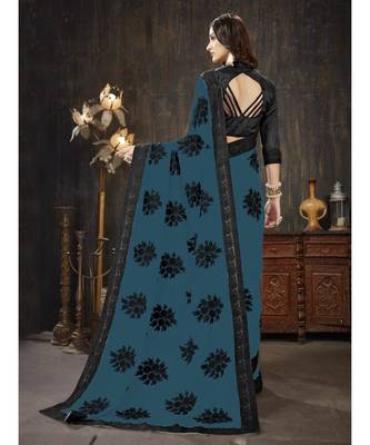 blue embroidered georgette saree with blouse 3
