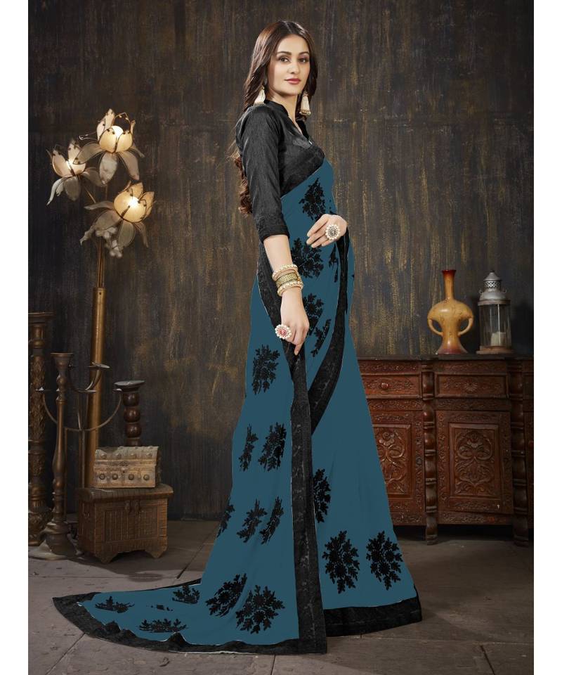 blue embroidered georgette saree with blouse